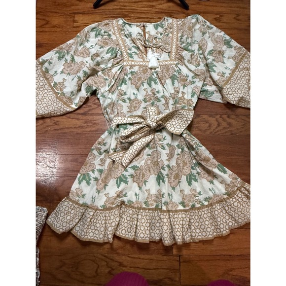Cleobella Dresses & Skirts - Cleobella floral Organic Cotton Mini Dress Tan Green Boho Tassel Belt Smal
